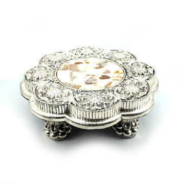 Antique Silver-Finish Decorative Chowki – Floral Design with Mother of Pearl Inlay - Resin Silver