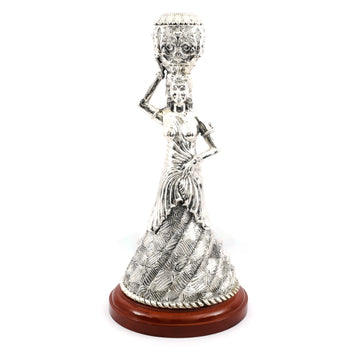 Silver Tribal Lady Candle Stand – Antique Finish with Wooden Base