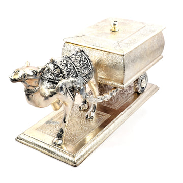 Elegant Silver & Gold-Toned Dry Fruit Box – Antique Floral Camel Cart Design