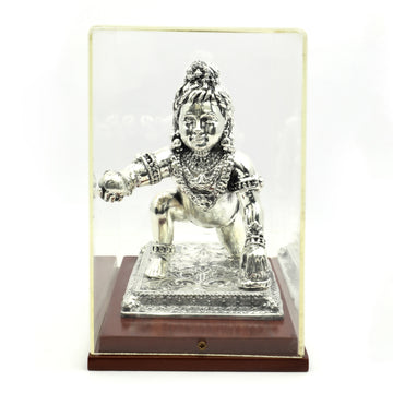 Silver Ladu Gopal Idol – Antique Finish with Wooden Base & Display Case