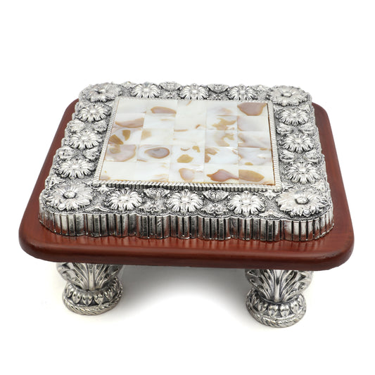 Square Antique Silver Chowki – Mother of Pearl Inlay with Wooden Base- Resin Silver