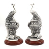 Antique Silver Peacock Figurines – Intricately Carved Pair on Wooden Base