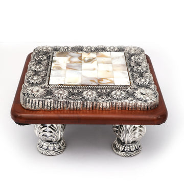 Antique Silver Chowki with Mother of Pearl Inlay – Wooden Base