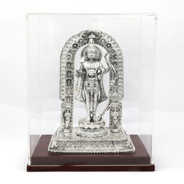 Intricately Crafted Silver Lord Ram Idol with Bow – Temple Arch Design in Glass Case