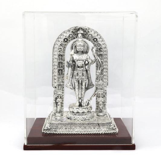 Intricately Crafted Silver Lord Ram Idol with Bow – Temple Arch Design in Glass Case