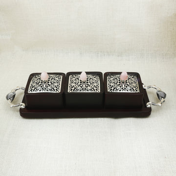 Handcrafted Wooden Bhand Set with Ornate Silver Lids – 3 Container Tray