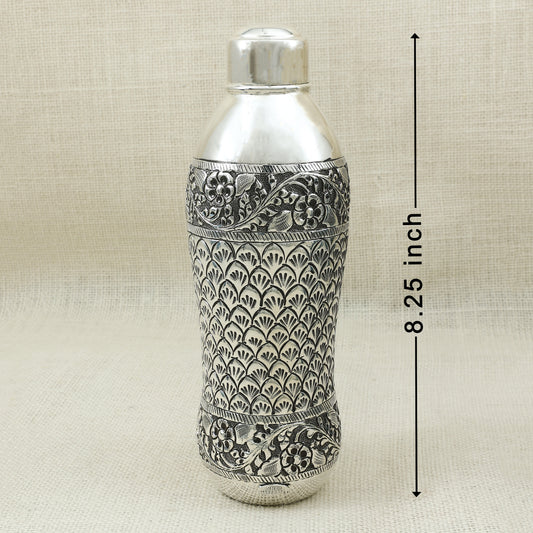 Handcrafted Silver Finish Water Bottle – Peacock Feather Motif Design