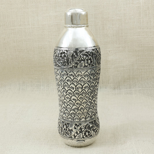 Handcrafted Silver Finish Water Bottle – Peacock Feather Motif Design