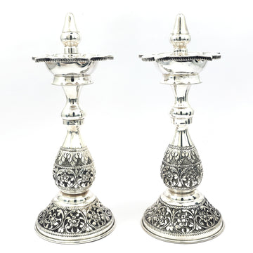 Silver Traditional Oil Lamp Set (Pair) – Intricately Handcrafted Deepams