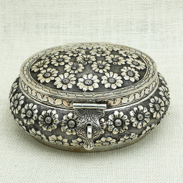 Silver Floral Engraved Dry Fruit Box with Lock