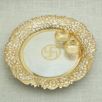 Silver & Gold-Plated Aarti Thali with Intricate Floral Design