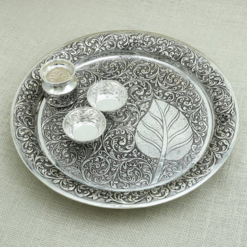 Silver Aarti Thali with Intricate Floral and Peepal Leaf Design