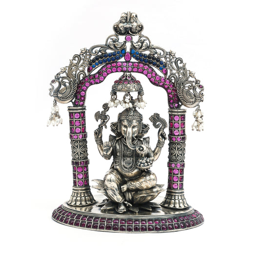 Silver Ganesha Idol with Ornate Arch