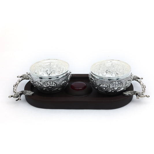 Silver Bowl Set with Dragon Handles and Floral Engravings