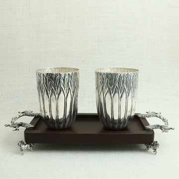 Silver Finish Designer Glass Set – 2 Pcs on WoodenTray