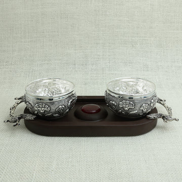 Silver Bowl Set with Dragon Handles and Floral Engravings
