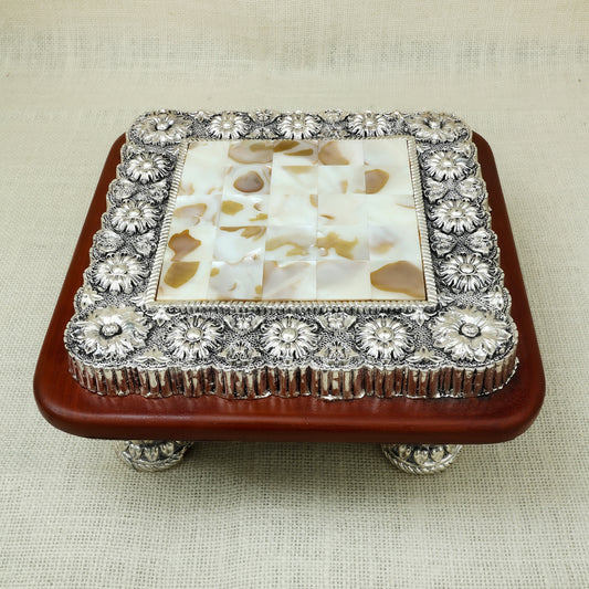Square Antique Silver Chowki – Mother of Pearl Inlay with Wooden Base- Resin Silver