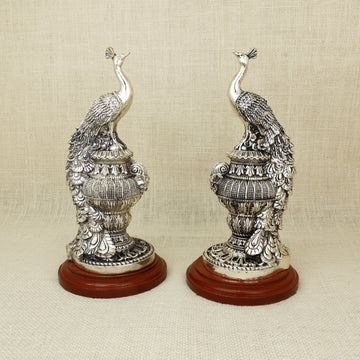 Antique Silver Peacock Figurines – Intricately Carved Pair on Wooden Base