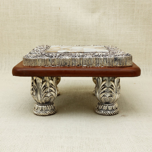 Antique Silver Chowki with Mother of Pearl Inlay – Wooden Base