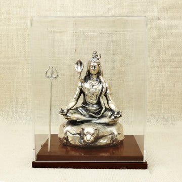 Resin Silver Lord Shiva Idol in Meditative Pose – Trishul Display with Glass Case