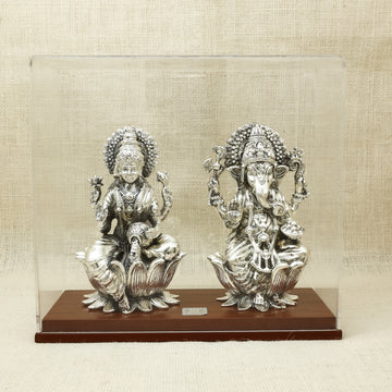 Silver Lakshmi Ganesh Idol Set – Intricately Crafted on Lotus Pedestals