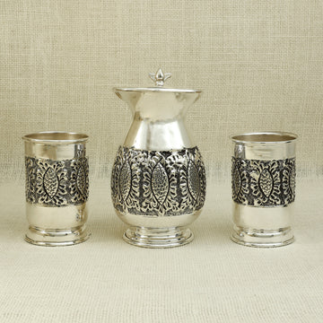 Ornate Silver Jug & Glass Set – Antique Floral Design