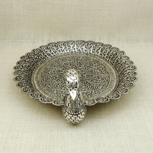 Exquisite Silver Peacock Pooja Thali – Handcrafted Floral Design