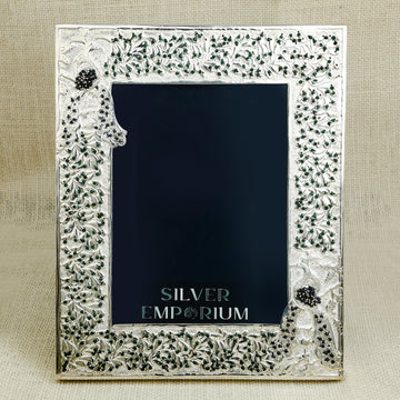 Antique Silver Photo Frame with Enamelled Peacock Design – Wooden Base