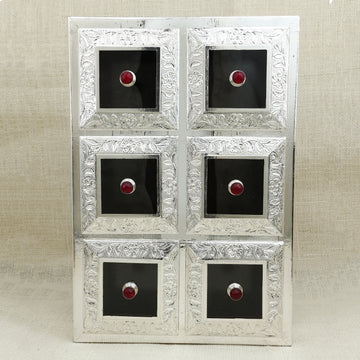 Antique Silver Miniature Drawer Chest with Floral Engraving – Wooden Base