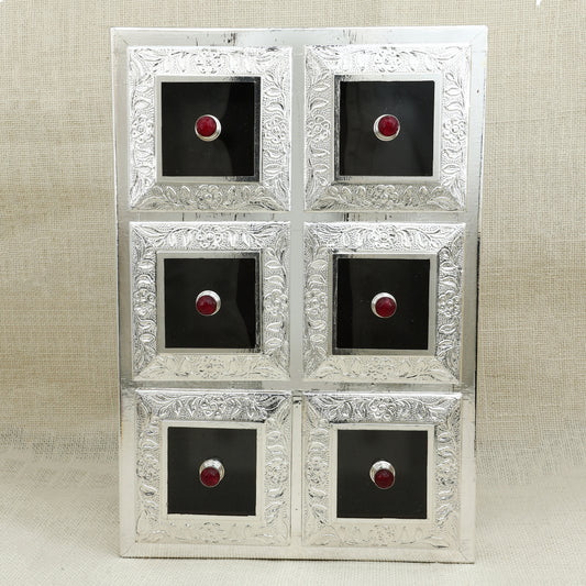 Antique Silver Miniature Drawer Chest with Floral Engraving – Wooden Base