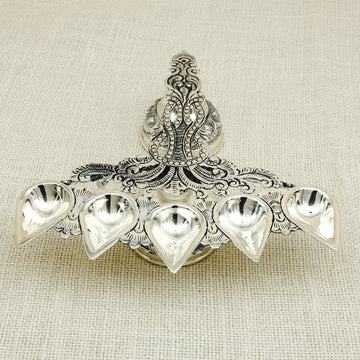 Handcrafted Silver Panch Aarti Diya – Traditional Five-Wick Oil Lamp