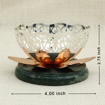 Designer Silver Filigree Bowl with Copper Lotus Base – Mounted on Green Marble