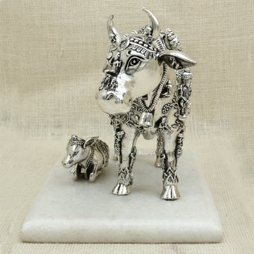 Handcrafted Silver Kamadhenu Idol on Marble Base – Symbol of Abundance and Divinity