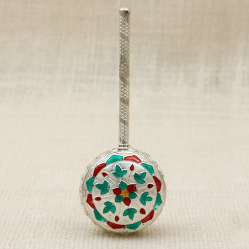 Meena Work Pure Silver Junjuna – Traditional Hexagonal Baby Rattle with Colorful Enamel