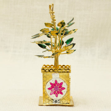 Silver Gold Polished Tulsi Plant Idol – Sacred Decor for Pooja & Home Temples