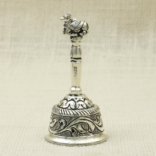 Antique Finish Silver Pooja Bell – Nandi Handle with Ornate Engravings