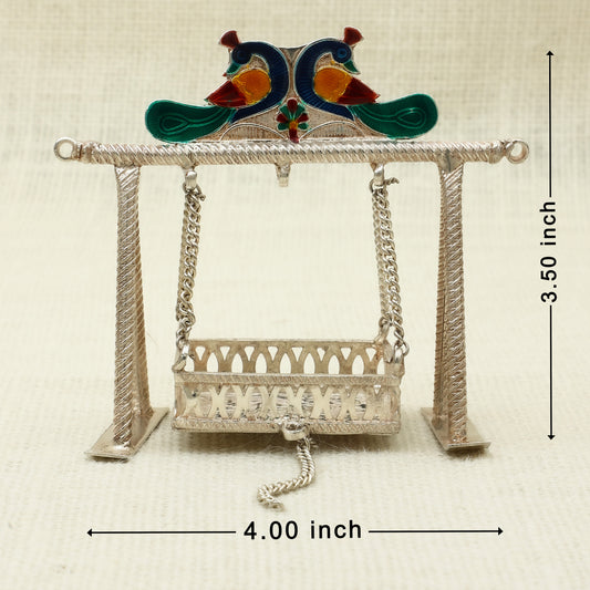 Antique Finish Silver Jhoola – Handcrafted Cradle with Enamelled Peacock Motif