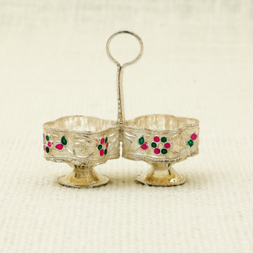 Meenakari Silver Kankavati – Dual Bowl Holder with Floral Enamel Work