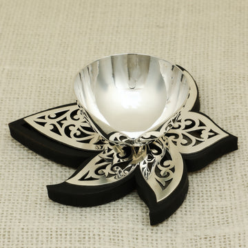 Designer Silver Lotus Diya – Intricate Cutwork on Wooden Base