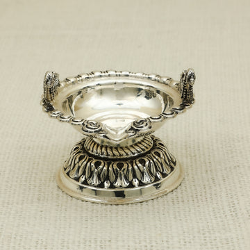 Antique Silver-Plated Duck Design Diya – Traditional Pooja Lamp with Ornate Base