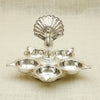 Silver Peacock Diya Stand – 5-Wick Oil Lamp for Pooja