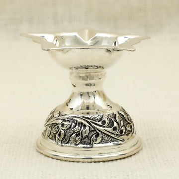 Silver Plated Decorative Diya – Floral Engraved Base