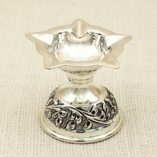 Silver Plated Decorative Diya – Floral Engraved Base