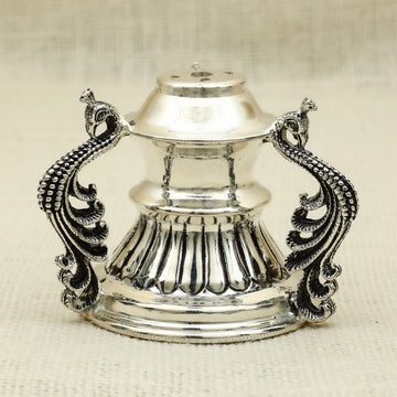 Antique Finish Silver Peacock Handle Dhoopiya – Ornate Traditional Design