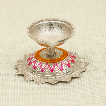 Pure Silver Decorative Diya – Lotus Base with Pink & Orange Enamel
