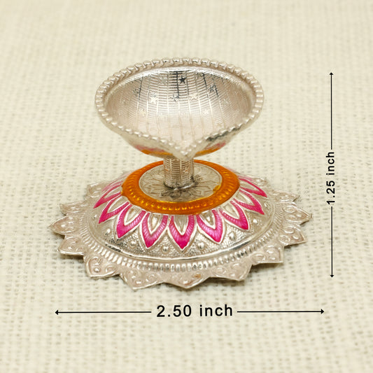 Pure Silver Decorative Diya – Lotus Base with Pink & Orange Enamel