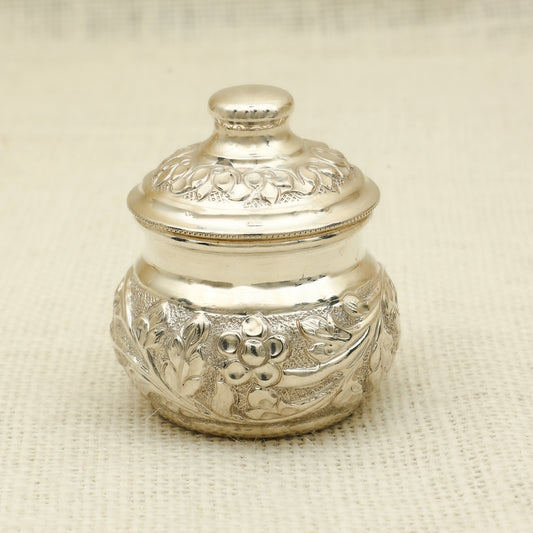 Handcrafted Silver Plated Floral Dabbi – Traditional Storage Container