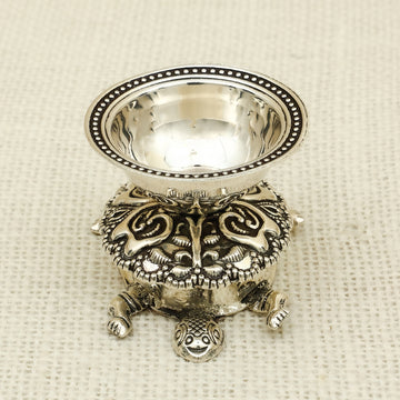 Silver Tortoise Diya – Ornate Pooja Lamp with Auspicious Kurma Base