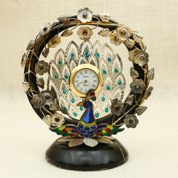 Silver Peacock Table Clock – Handcrafted Decorative Timepiece