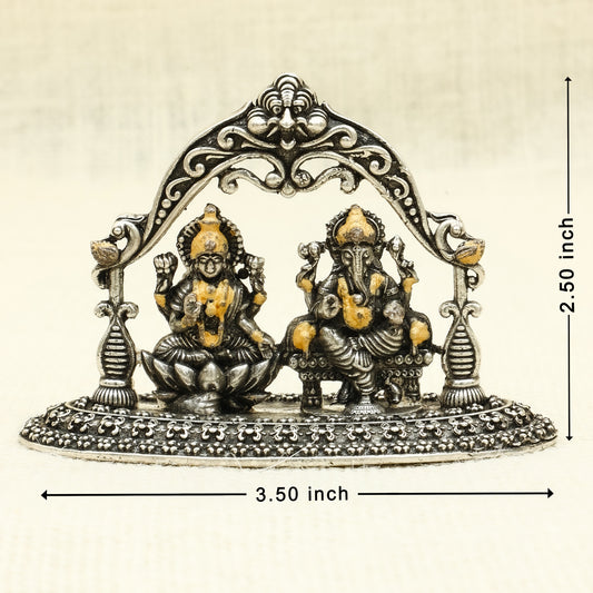 Silver Lakshmi-Ganesha Idol Set under Ornate Arch – Dual Tone Finish